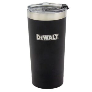 DEWALT 20 oz insulated black stainless steel tumbler with DEWALT logo, clear flip-top lid with drinking opening, brushed stainless rim, and tapered cup profile, front view on white background.