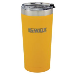DEWALT 20 oz insulated yellow stainless steel tumbler with brushed stainless rim, metallic DEWALT logo, clear flip-top lid, and tapered cup profile, front view on white background.