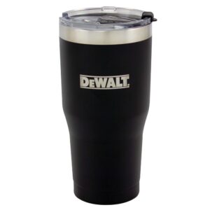 DEWALT 30 oz insulated black stainless steel tumbler with brushed stainless rim, metallic DEWALT logo, clear flip-top lid, tapered large-capacity cup profile, front view on white background.