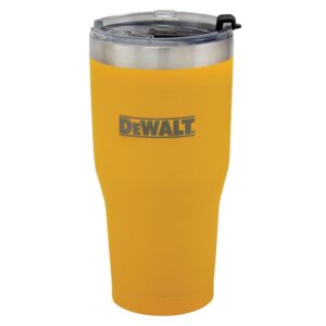 DEWALT 30 oz insulated yellow stainless steel tumbler with clear flip-top lid, brushed stainless rim, and metallic DEWALT logo on front, isolated on white background