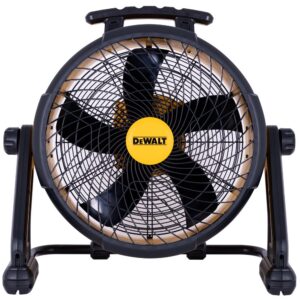 DEWALT DXF1850B 18 inch AC DC drum fan cordless jobsite fan product image, front view showing black fan blades, protective metal grille, yellow DEWALT center hub, and stable base frame on white background