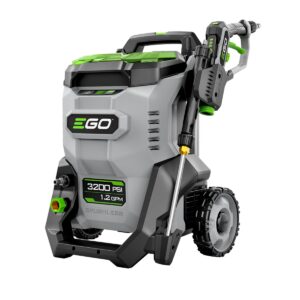 EGO HPW3204-2 56V POWER+ cordless pressure washer with 3200 PSI and 1.2 GPM rating, brushless motor housing, onboard wand storage, large wheels, and telescopic handle on white background.