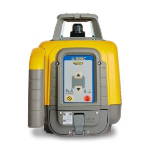 Spectra Precision LL1505C rotary laser level front view showing control panel, self-leveling housing, carry handle, and rugged yellow weatherproof casing on white background