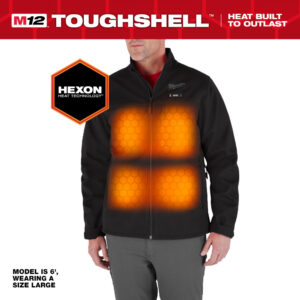 Milwaukee M12 black heated TOUGHSHELL jacket showing illuminated HEXON heat zones across the chest and torso, zip-front design with integrated heat control panel, insulated stretch shell for cold-weather jobsite protection.