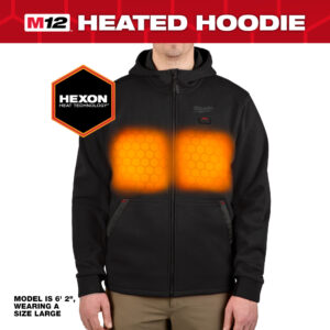 Front view of Milwaukee M12 black heated hoodie showing HEXON heat zones across the chest, full-zip design, hood, and integrated power button on the left chest.