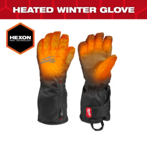 Milwaukee heated winter gloves with HEXON Heat Technology showing illuminated heat zones across the back of the hand and fingers, insulated black ripstop construction, adjustable cuffs, and integrated battery compartment for extreme cold work environments