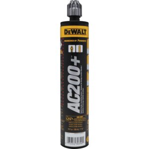 DeWALT AC200+ high-strength acrylic anchor adhesive cartridge shown upright on a white background, black and yellow label visible with AC200+ branding, engineered by Powers marking, threaded rod and rebar icons, safety certification symbols, barcode, and 280 ml volume marking.