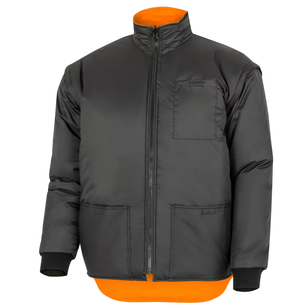 Pioneer Yukon insulated inner jacket in black with full-length front zipper, quilted construction, chest pocket, ribbed cuffs, and high collar, shown layered over a fluorescent orange base, front view on white background.