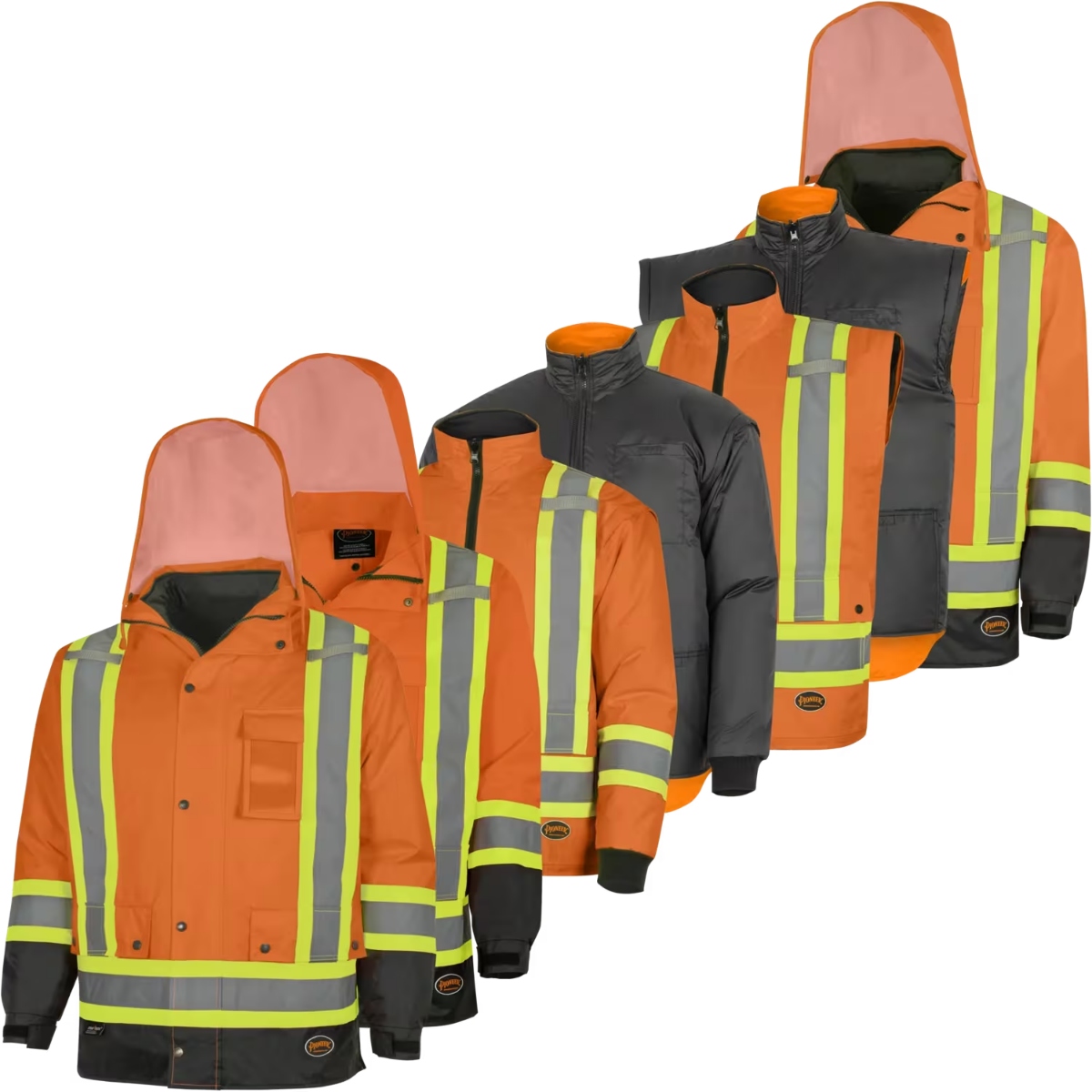 Pioneer Yukon hi-vis 7-in-1 waterproof winter safety parka displayed in multiple configurations, including full parka with hood, insulated inner jacket, vest configuration, and layered combinations, showing fluorescent orange shells with silver and lime reflective striping on white background.