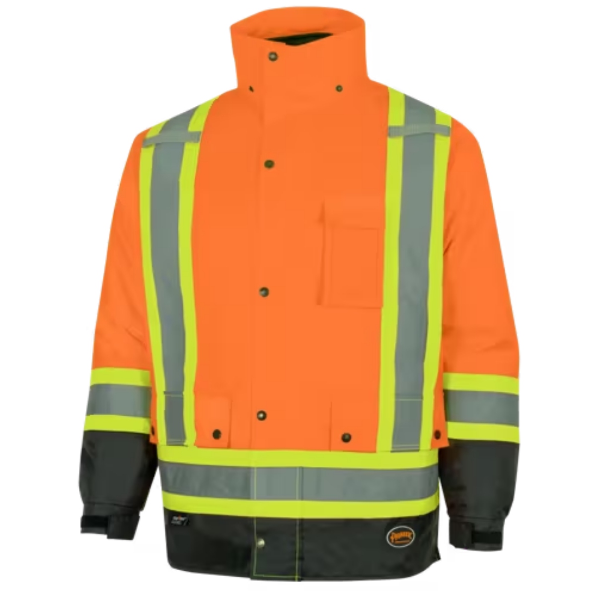 Pioneer Yukon hi-vis waterproof winter safety parka in fluorescent orange with silver and lime reflective striping, high stand collar, snap and zipper front closure, chest pocket, black insulated cuffs, and black lower hem, front view on white background.
