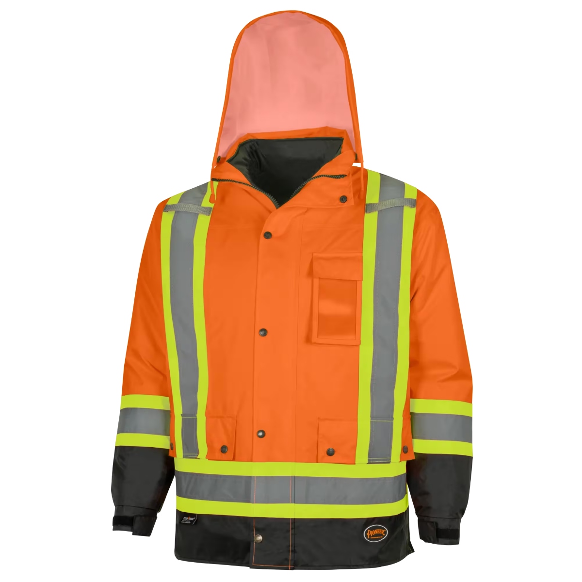 Pioneer Yukon hi-vis waterproof winter safety parka in fluorescent orange with silver and lime reflective striping, detachable hood installed, snap and zipper front closure, chest pocket, black insulated cuffs, and black lower hem, front view on white background.