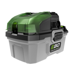 EGO 56V Power+ 3-gallon cordless wet/dry vacuum with compact canister design, green lid, carry handle, and onboard accessory storage, tool only
