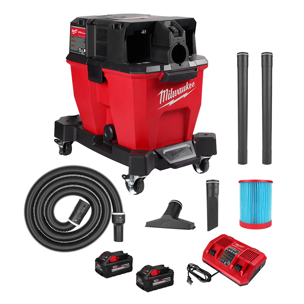 Milwaukee M18 FUEL 6-gallon wet/dry vacuum kit with rolling base, hose, extension wands, floor nozzle, utility nozzle, cartridge filter, dual M18 batteries, and rapid charger displayed on a white background.