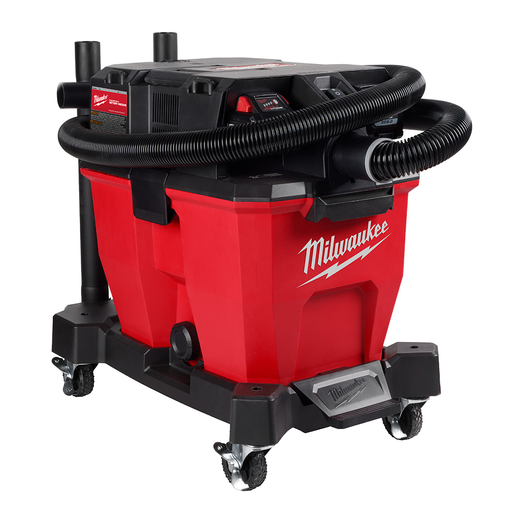 Milwaukee M18 FUEL 6-gallon wet/dry vacuum on a rolling base with hose wrapped around the top, integrated accessory storage, and locking casters, shown on a white background.