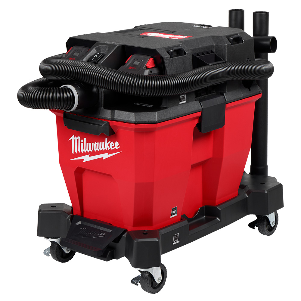 Milwaukee M18 FUEL wet/dry vacuum with red 6-gallon tank, black motor head, dual battery bays, hose wrapped around the top, rear accessory tubes, and four swivel casters on a white background.