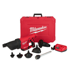 Milwaukee M12 AIRSNAKE drain cleaning air gun kit with multiple rubber drain plug attachments, extension tube, battery charger, and red Milwaukee carrying case displayed on white background