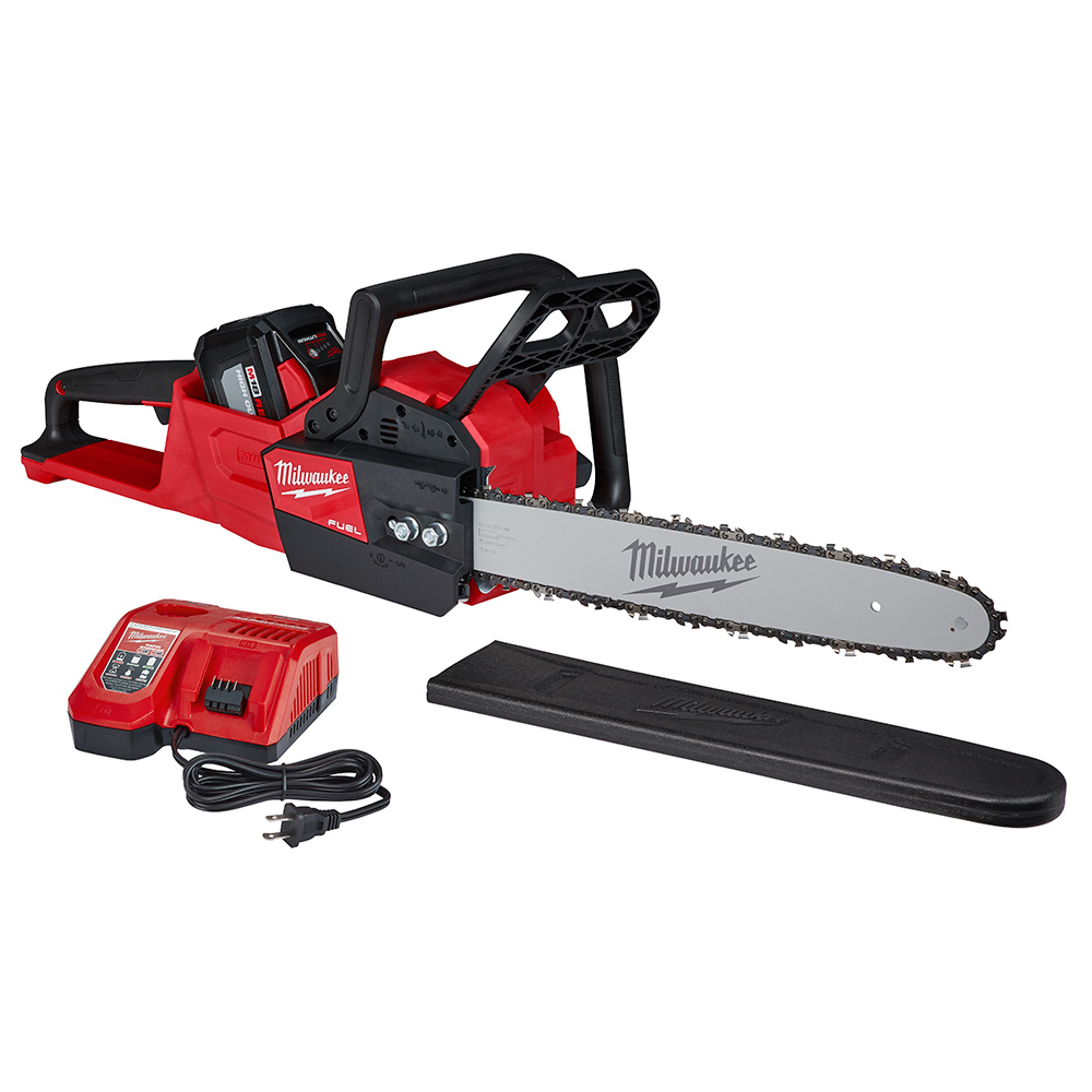 Milwaukee 2727-21HD M18 FUEL 16 inch chainsaw kit shown with HD12.0 battery installed, 16 inch bar and chain, rapid charger, and scabbard on white background