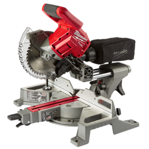 Milwaukee M18 FUEL 7-1/4” Dual Bevel Sliding Compound Mitre Saw angled front-left product view on white background showing blade, sliding rails, dust bag, carry handle, and bevel adjustment controls