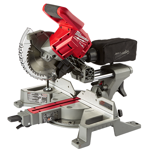 Milwaukee M18 FUEL 7-1/4” Dual Bevel Sliding Compound Mitre Saw angled front-left product view on white background showing blade, sliding rails, dust bag, carry handle, and bevel adjustment controls