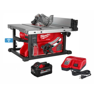 MILWAUKEE M18 FUEL 8-1/4 in table saw with ONE-KEY shown with transparent blade guard, rack and pinion fence, all-metal frame, included M18 REDLITHIUM FORGE HD12.0 battery, and M18 M12 rapid charger on a white background