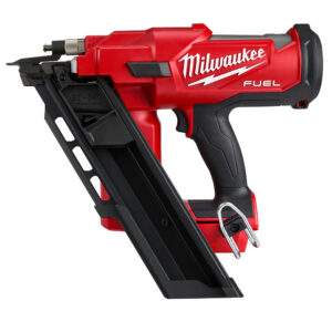 MILWAUKEE M18 FUEL™ 30° Framing Nailer 2745-20 tool-only shown in left-side profile on white background, featuring angled 30° magazine, metal belt hook, and black overmold grip without battery attached.