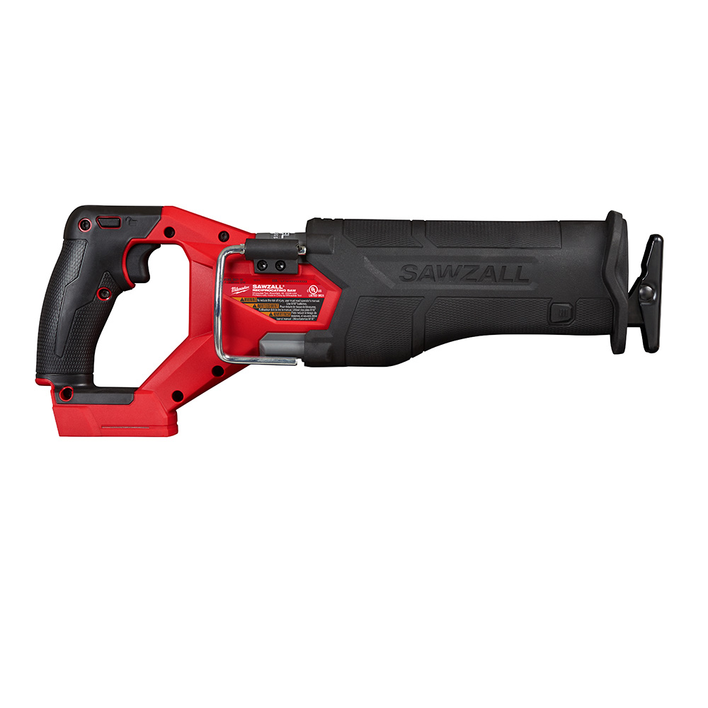 Milwaukee M18 FUEL Sawzall reciprocating saw right side view on white background showing handle grip, metal rafter hook, motor housing, and front shoe without battery attached