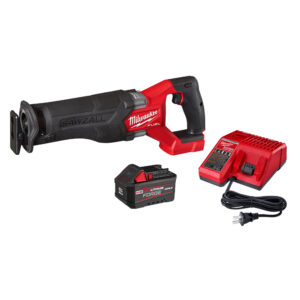 Milwaukee M18 FUEL SAWZALL reciprocating saw kit with REDLITHIUM FORGE XC6.0 battery and multi-voltage charger on white background, side profile showing adjustable shoe and rubber overmold grip