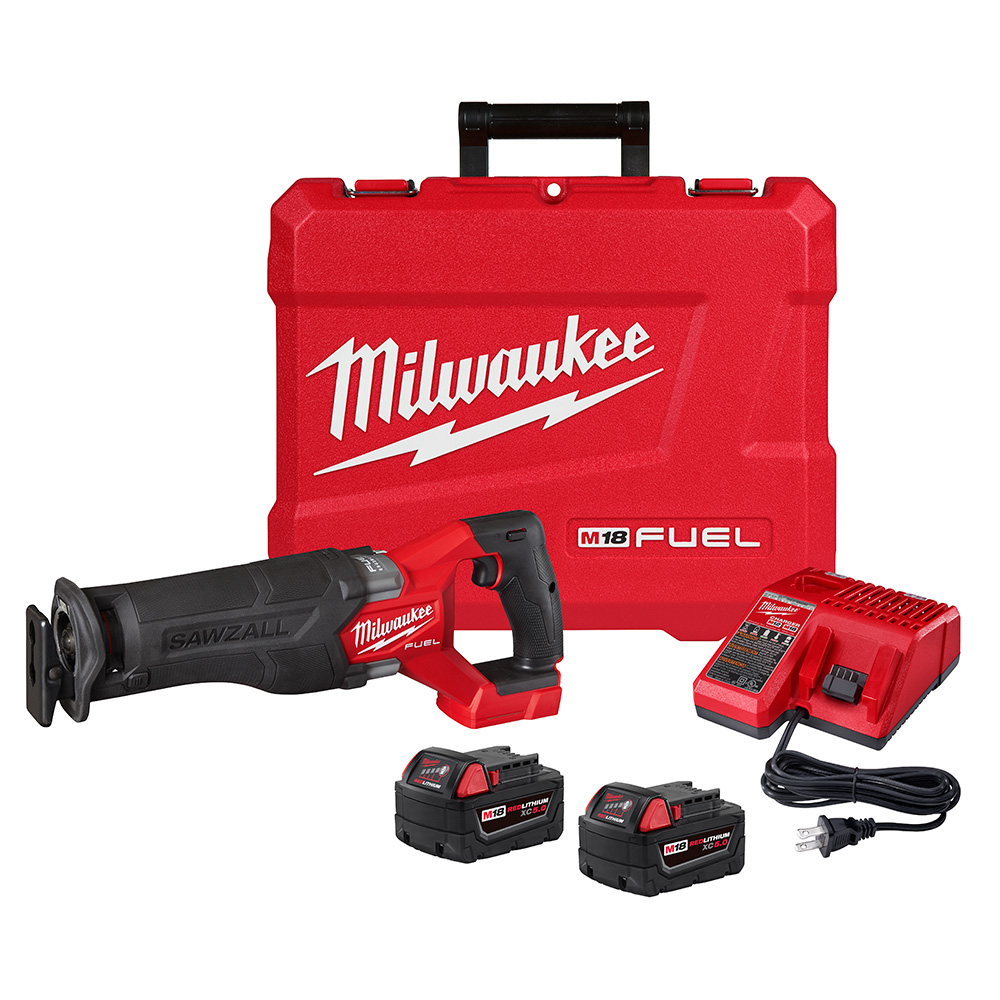Milwaukee M18 FUEL SAWZALL reciprocating saw kit with red hard case, two M18 REDLITHIUM XC5.0 batteries, and M18/M12 multi-voltage charger arranged on white background.