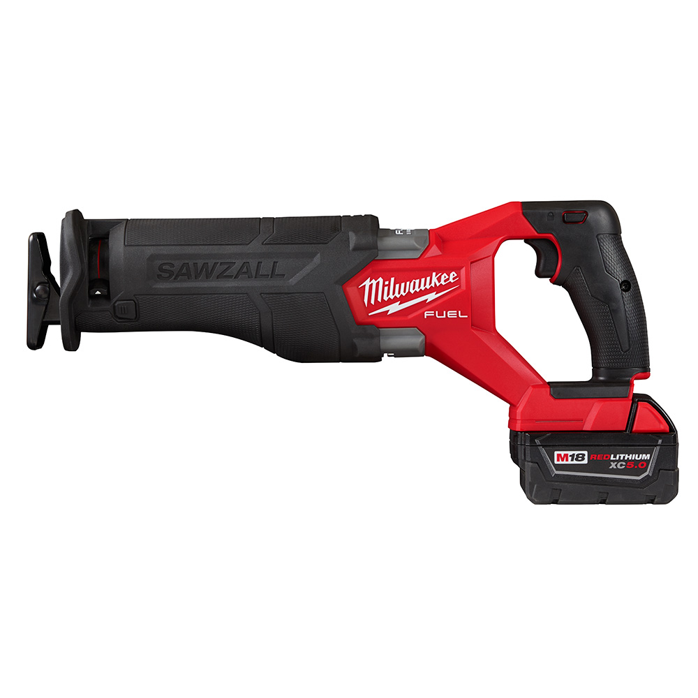 Milwaukee M18 FUEL SAWZALL reciprocating saw with M18 REDLITHIUM XC5.0 battery attached, left side profile on white background.