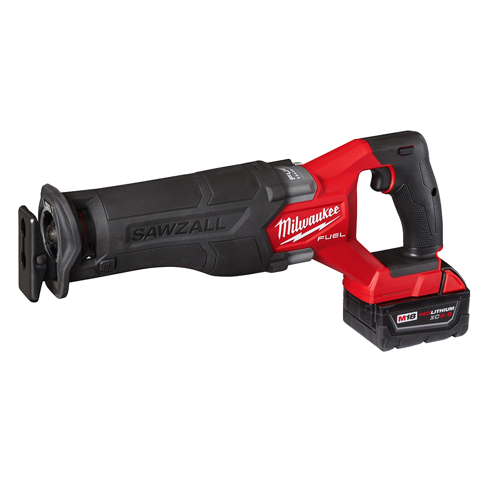 Milwaukee M18 FUEL SAWZALL reciprocating saw with M18 REDLITHIUM XC5.0 battery attached, left front angle on white background.