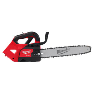 MILWAUKEE M18 FUEL 14-inch top handle chainsaw right side profile with guide bar and chain installed, red and black housing with Milwaukee logo visible on bar and motor cover, isolated on white background