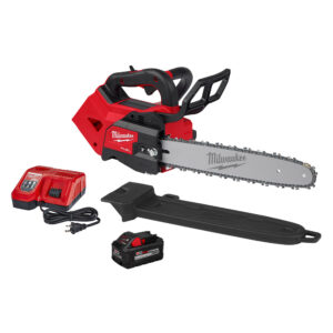 MILWAUKEE M18 FUEL 14-inch top handle chainsaw kit with 14″ guide bar and chain, M18 HIGH OUTPUT XC8.0 battery, M18 & M12 rapid charger, and black scabbard shown on white background