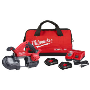 Milwaukee M18 FUEL Compact Band Saw kit with red tool bag, two M18 REDLITHIUM HIGH OUTPUT CP3.0 batteries, M18/M12 Rapid Charger, and metal cutting blade displayed on white background