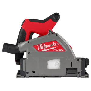Milwaukee M18 FUEL 6-1/2 inch plunge track saw side profile showing motor housing, plunge mechanism, dust port, and viewing window on grey background