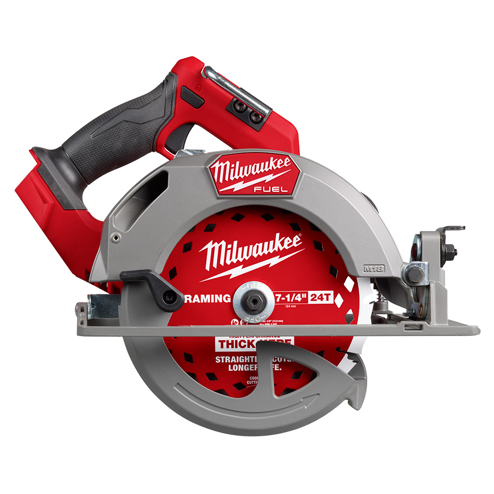 Milwaukee M18 FUEL 7-1/4 inch circular saw left side profile showing blade guard, magnesium shoe, LED light, and rafter hook on white background