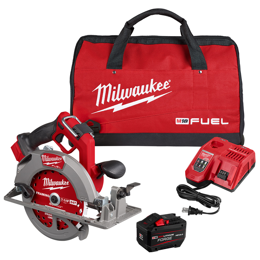 Milwaukee 2834-21HD M18 FUEL 7-1/4 inch circular saw kit showing circular saw, REDLITHIUM FORGE HD12.0 battery, rapid charger, and red contractor bag on white background