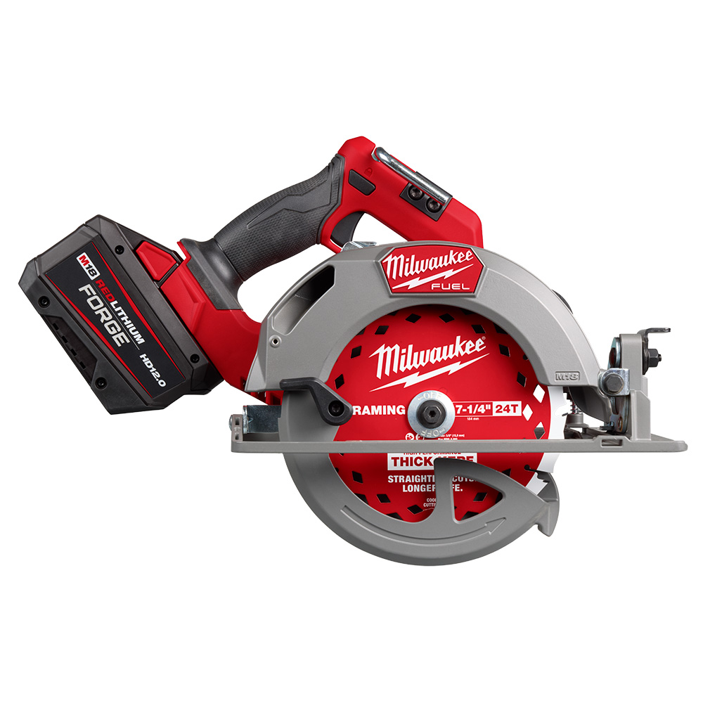 Milwaukee M18 FUEL 7-1/4 inch circular saw right side profile showing REDLITHIUM FORGE HD12.0 battery installed, magnesium shoe, blade guard, LED light, and rafter hook on white background