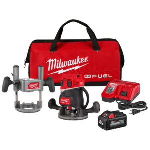 Milwaukee M18 FUEL 1/2-inch cordless router kit showing fixed base router, plunge base, XC6.0 battery, rapid charger, and red contractor bag on a white background.