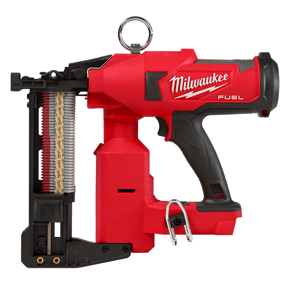 Milwaukee M18 FUEL utility fencing stapler shown in left side profile with loaded 9-gauge galvanized staples, integrated lanyard ring, belt hook, and rubberized grip, battery not installed.