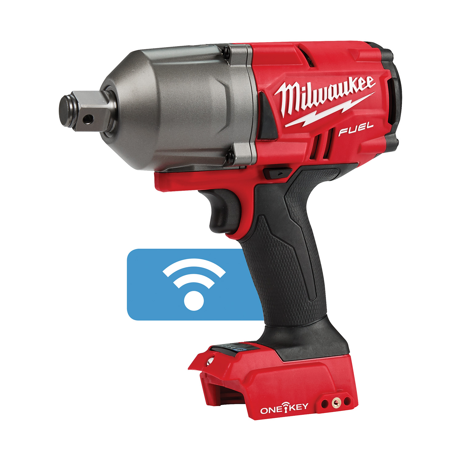 Milwaukee M18 FUEL 3/4-inch high torque impact wrench with friction ring anvil, tool-only configuration without battery, red and black housing on a white background, side profile view with blue ONE-KEY wireless icon graphic displayed near the handle.
