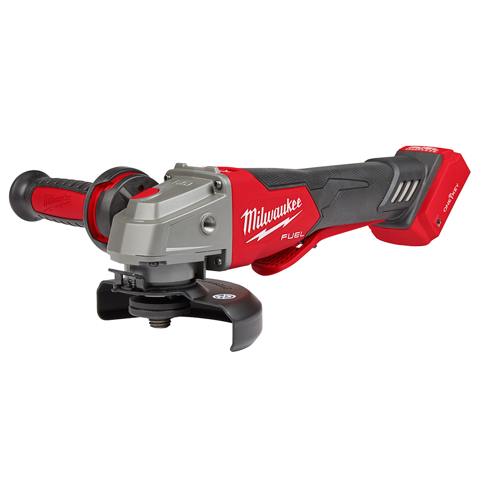 Milwaukee M18 FUEL 4-1/2 in / 5 in Braking Grinder with ONE-KEY paddle switch, no-lock design, shown with side handle and Type 27 guard installed, battery not included