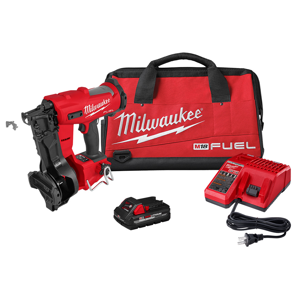 Milwaukee 2909-21 M18 FUEL coil roofing nailer kit with cordless roofing nailer, M18 REDLITHIUM HIGH OUTPUT CP3.0 battery, charger, and red Milwaukee M18 FUEL contractor tool bag on white background.