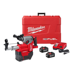 Milwaukee M18 FUEL SDS Plus Rotary Hammer kit with HAMMERVAC dust extractor, two M18 HIGH OUTPUT 6.0 batteries, rapid charger, and red hard carrying case on white background.