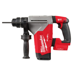Milwaukee M18 FUEL SDS Plus rotary hammer side view showing AVS anti-vibration housing, adjustable depth rod, side handle, ONE-KEY branding, and battery slot on white background