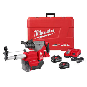 Milwaukee M18 FUEL SDS Plus rotary hammer kit with HammerVac dust extractor, carrying case, rapid charger, and two HIGH OUTPUT XC6.0 batteries on white background