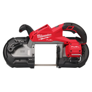 Milwaukee M18 FUEL deep cut cordless band saw shown in left-side profile on a white background, highlighting the brushless motor housing, blade guard, adjustable shoe, and integrated rafter hook, with no battery installed