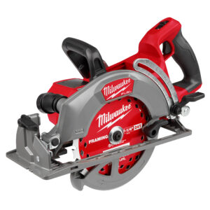 Milwaukee 2930-20 M18 FUEL 7-1/4 inch rear handle circular saw with 24T framing blade installed, magnesium shoe and guards, rear grip handle, bevel adjustment scale, and front auxiliary handle shown on white background.