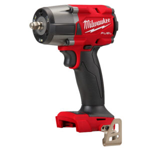 MILWAUKEE M18 FUEL 3/8″ Mid-Torque Impact Wrench (tool only) with friction ring anvil, Tri-LED lights around the nose, and metal belt clip, front left view without battery on a white background.