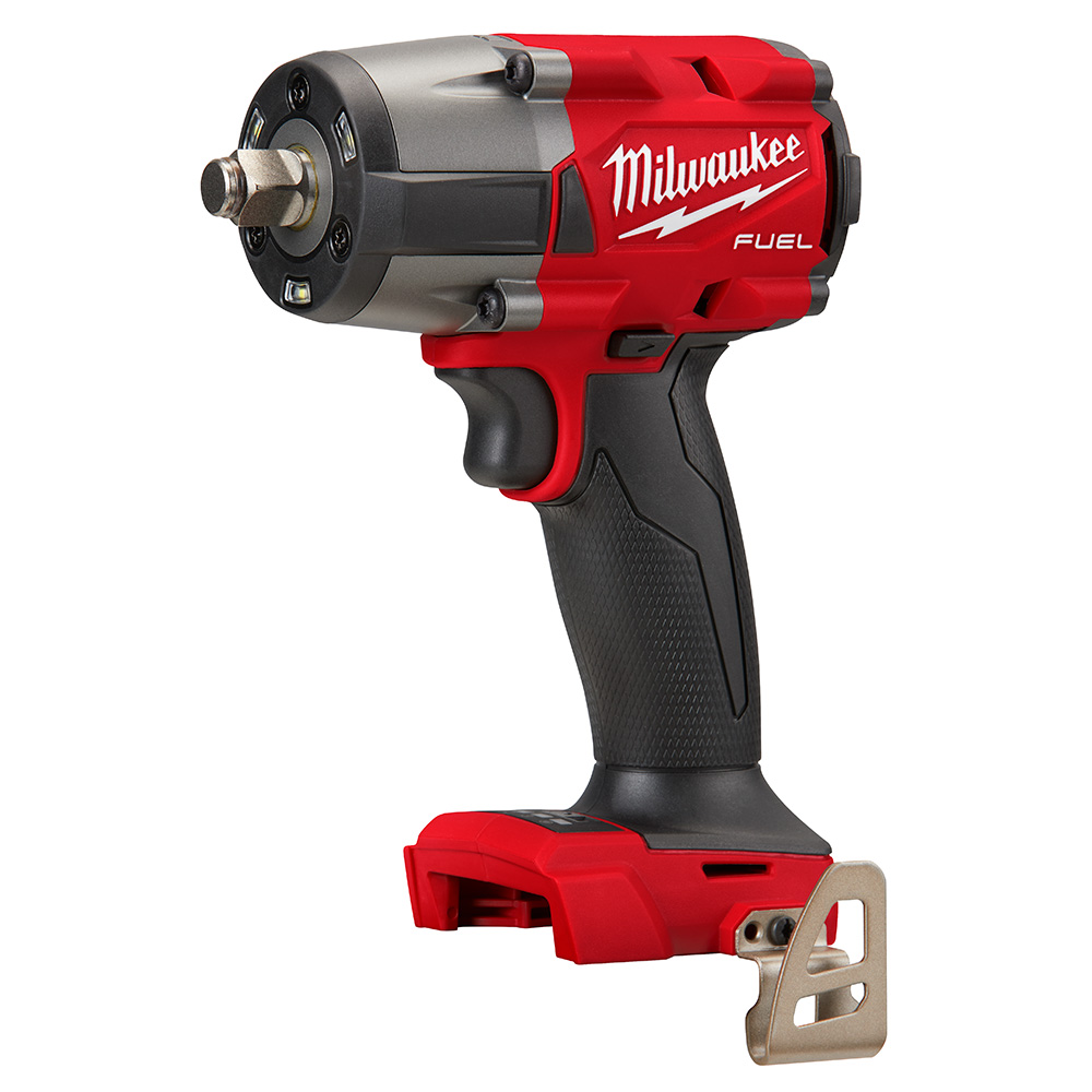 Milwaukee 2962-20 M18 FUEL 1/2 inch mid-torque impact wrench with friction ring anvil, tri-LED lighting around the nose, textured grip handle, and metal belt clip shown on white background.