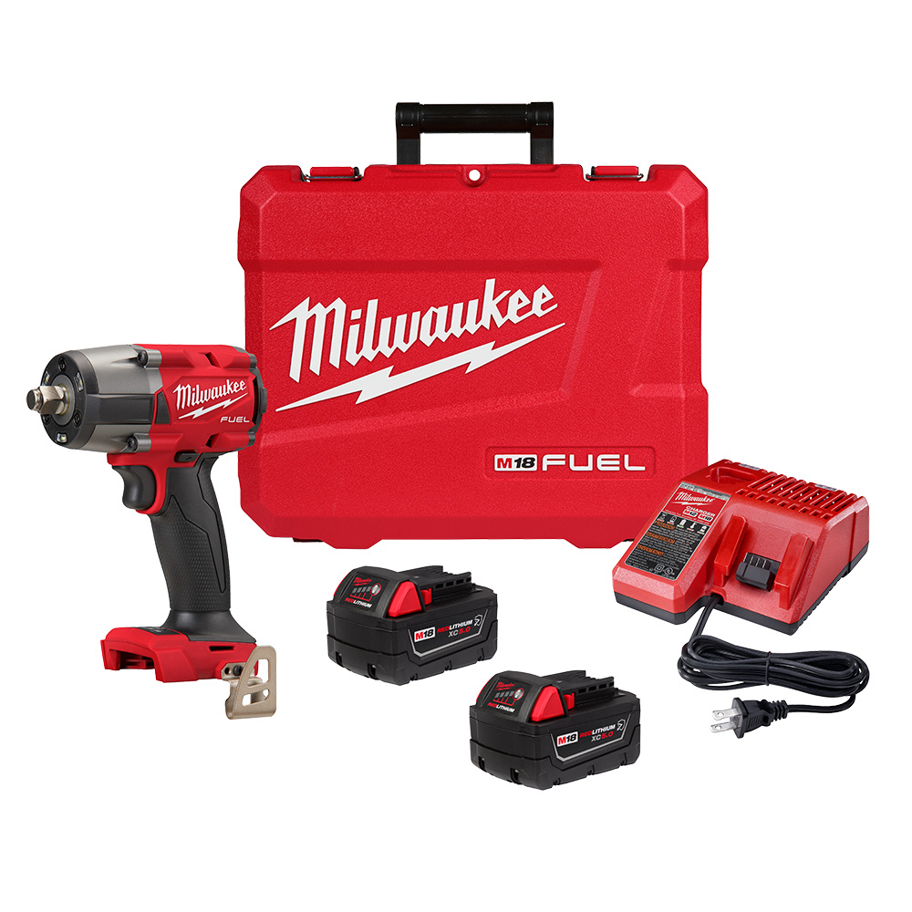 Milwaukee 2962-22R M18 FUEL 1/2 inch mid-torque impact wrench kit with friction ring anvil, two M18 REDLITHIUM XC5.0 Resistant batteries, multi-voltage charger, and red blow molded carrying case on white background.